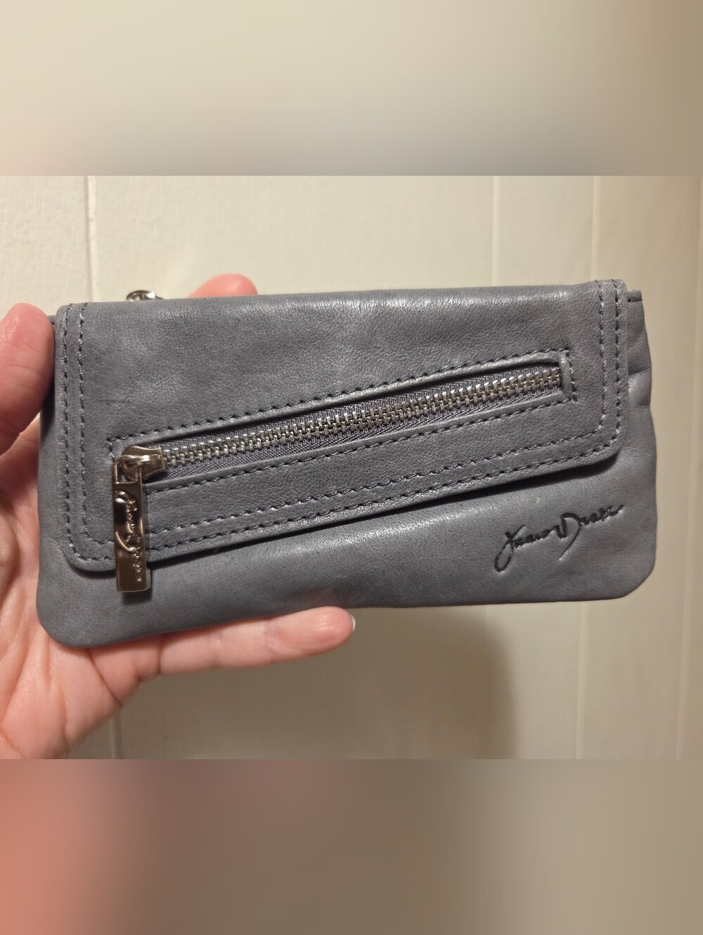 Junior Drake Gray Leather Small Wallet Clutch with Front Zip